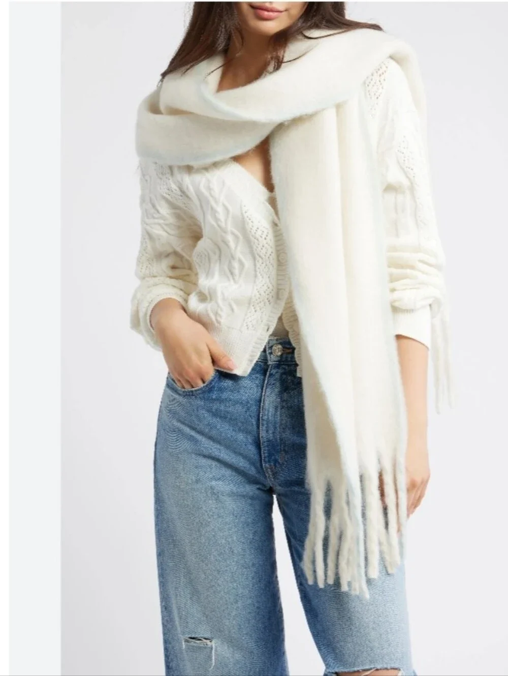 Free People Winter Chill Blanket Scarf In Cream OS NWT